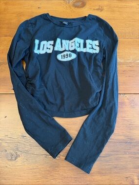 SHEIN Black Long Sleeve Cropped Top with Mint 'LOS ANGELES' Graphic